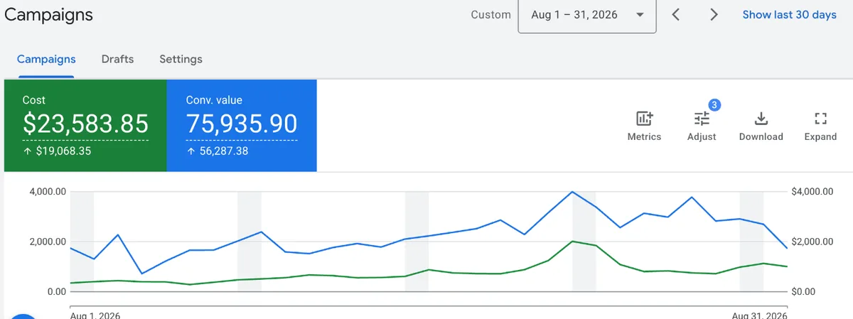 Google Ads account overview, august 2026