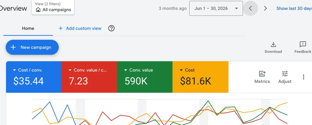Google Ads account overview, june 2026