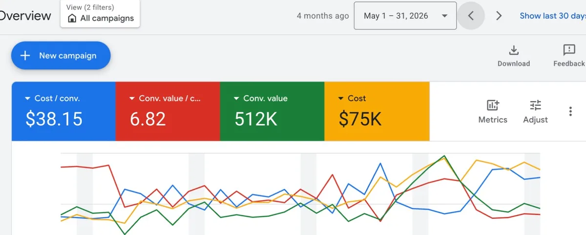 Google Ads account overview, may 2026