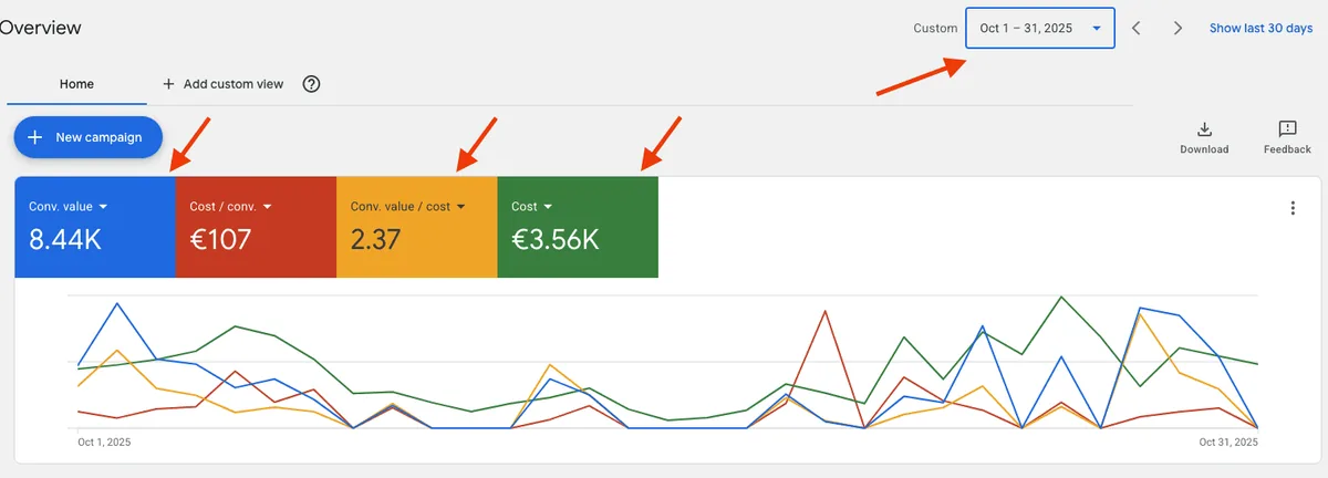 Google Ads account overview, month 1