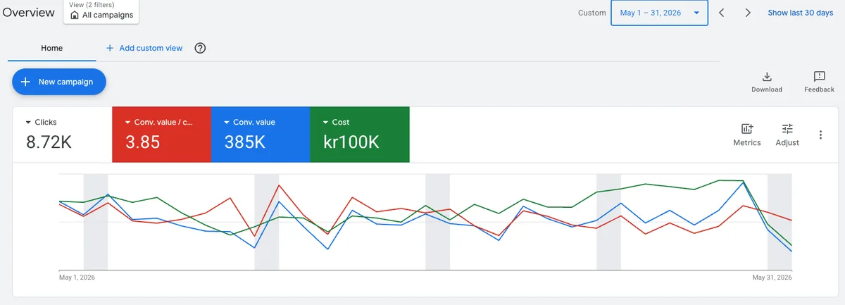Google Ads account overview, may 2026