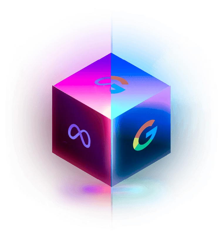 A glass cube with the Meta logo on one face and the Google logo on the other