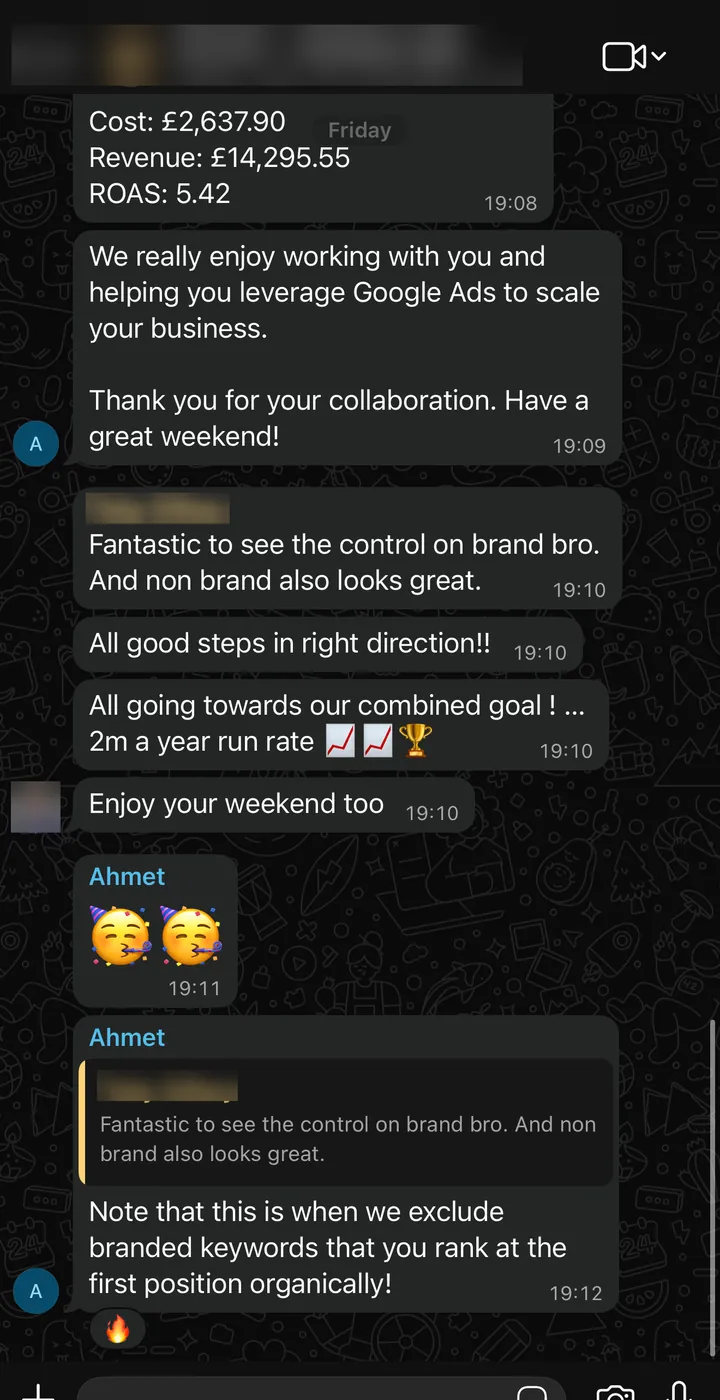 WhatsApp: "Fantastic to see the control on brand bro. And non brand also looks great." and "All going towards our combined goal."