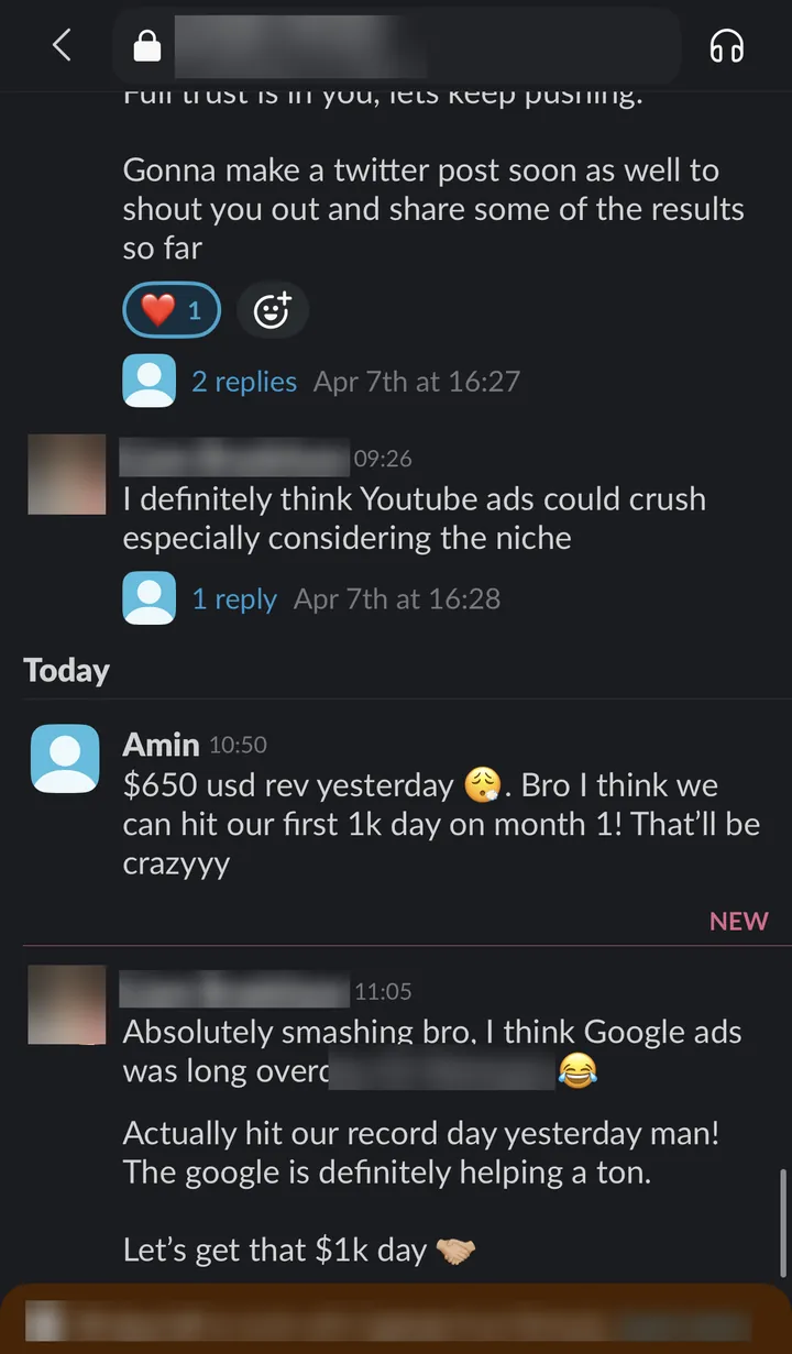 Slack: "$650 usd rev yesterday", client: "Absolutely smashing bro... Actually hit our record day yesterday man! The google is definitely helping a ton."