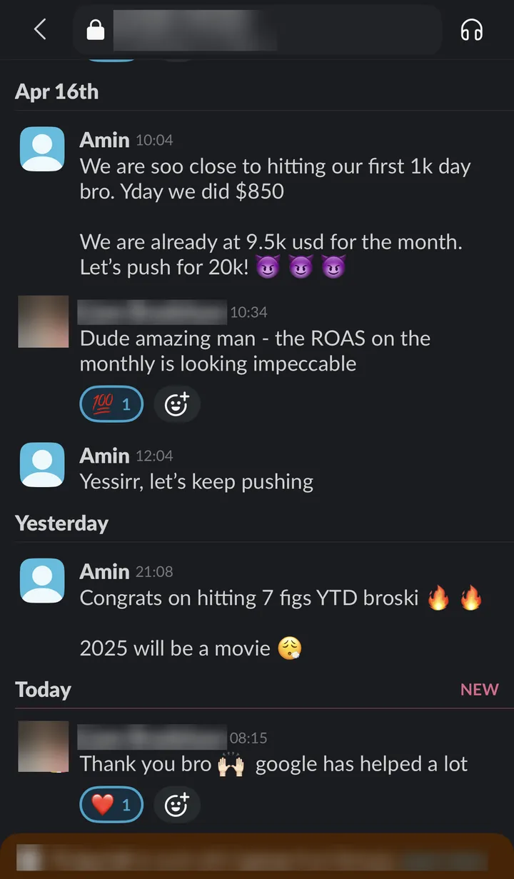 Slack thread: "We are soo close to hitting our first 1k day", "the ROAS on the monthly is looking impeccable", "google has helped a lot."