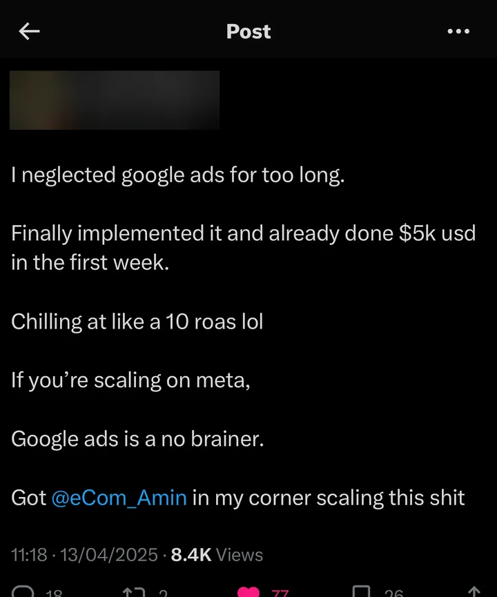 Post on X: "I neglected google ads for too long. Finally implemented it and already done $5k usd in the first week."