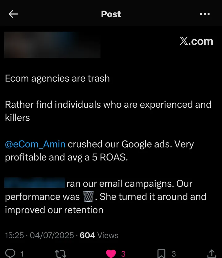 Post on X: "Ecom agencies are trash. Rather find individuals who are experienced and killers. @eCom_Amin crushed our Google ads. Very profitable and avg a 5 ROAS."