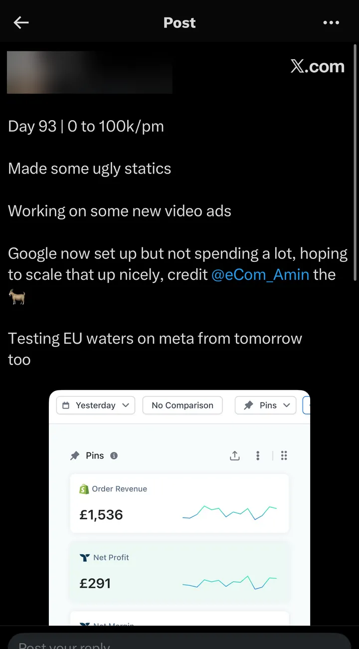 Post on X: "Day 93, 0 to 100k/pm... Google now set up but not spending a lot, hoping to scale that up nicely, credit @eCom_Amin."
