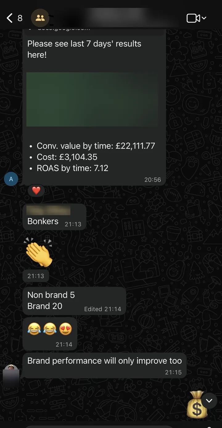 WhatsApp: last 7 days results, client reply: "Bonkers."