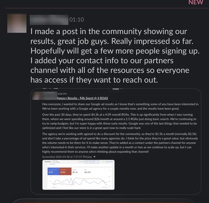 Client: "I made a post in the community showing our results, great job guys. Really impressed so far."