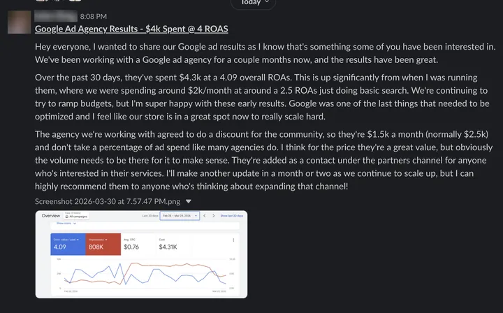 Community post from a client sharing their Google Ads agency results.
