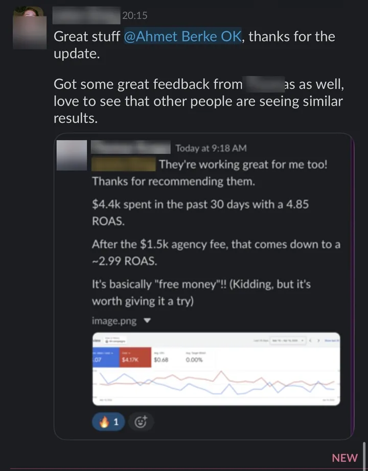 Client: "Got some great feedback as well, love to see that other people are seeing similar results." quoting another client: "They're working great for me too!"
