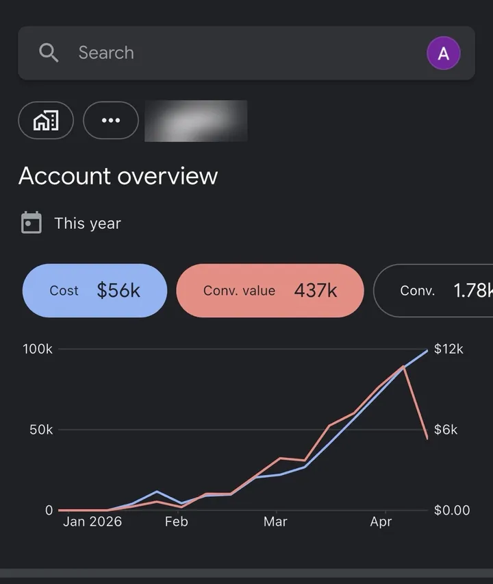 Google Ads app, account overview for this year.