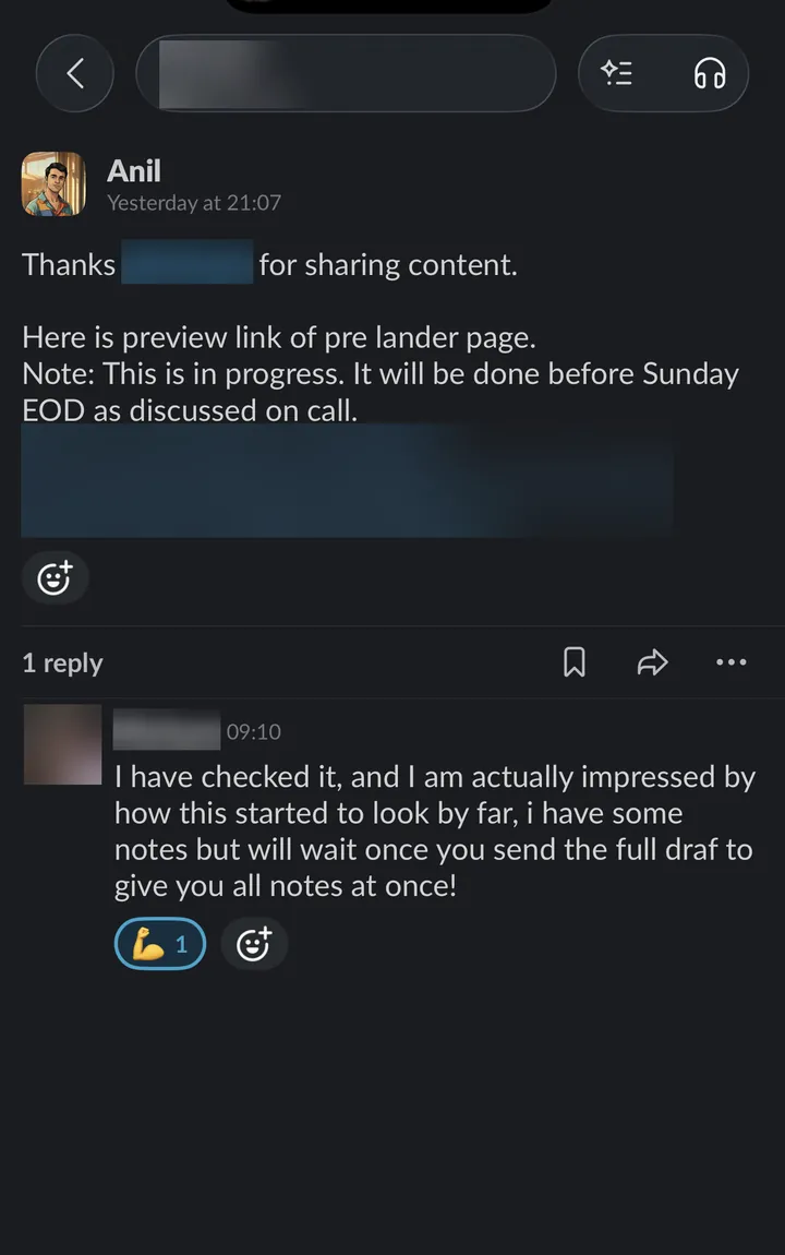 Client on a pre-lander page: "I am actually impressed by how this started to look by far."