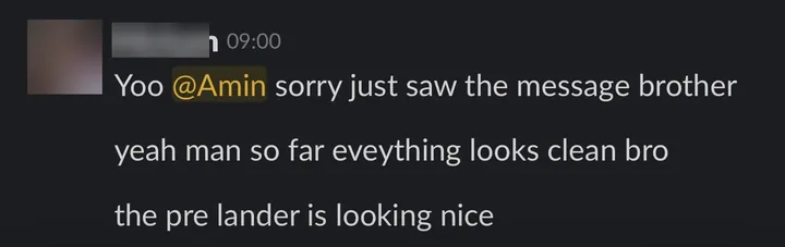 Client: "so far everything looks clean bro, the pre lander is looking nice."