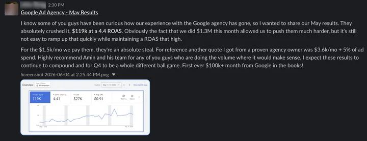 Community post from a client sharing their Google Ads agency results for May.