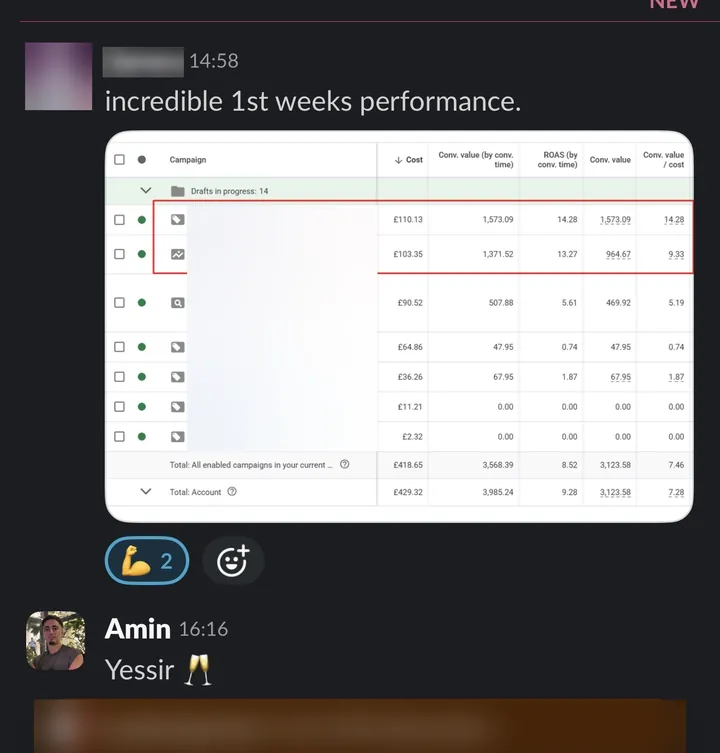 Slack: "incredible 1st weeks performance." with the campaign table.