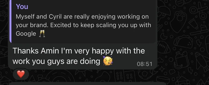 Client: "Thanks Amin I'm very happy with the work you guys are doing."