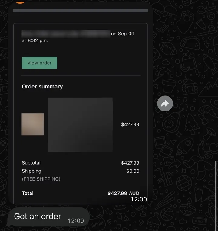 WhatsApp: a client shares a new order: "Got an order."